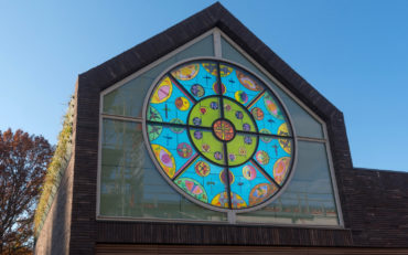 Unique stained glass window designed for the BioMakery at the Koningshoeven Abbey