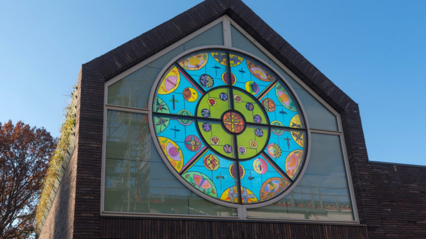 Unique stained glass window designed for the BioMakery at the Koningshoeven Abbey